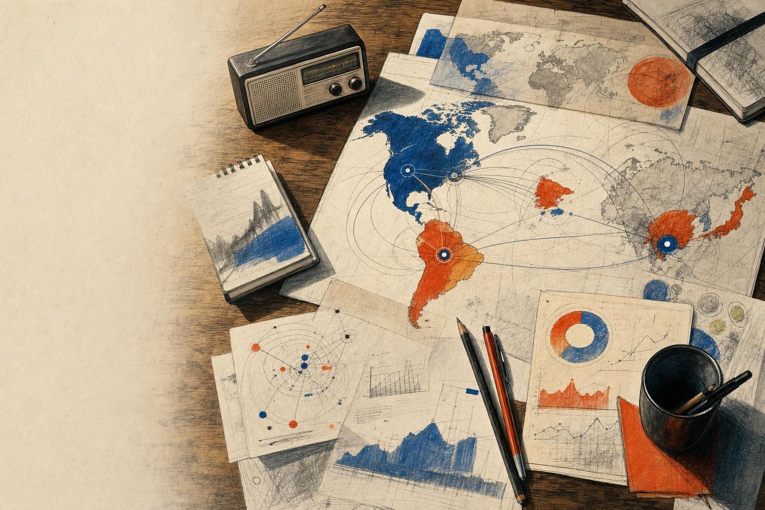 A semi-realistic sketched editorial desk observing global search signals on maps and printed notes