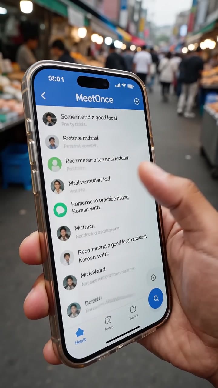 Video vertical de MeetOnce con una solicitud de intercambio de idiomas y traducción con IA en Corea. — scene 2