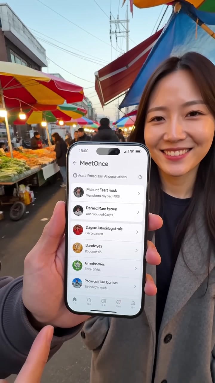 韓国で言語交換リクエストとAI翻訳を使うMeetOnceの縦型プロモーション動画。 — scene 2