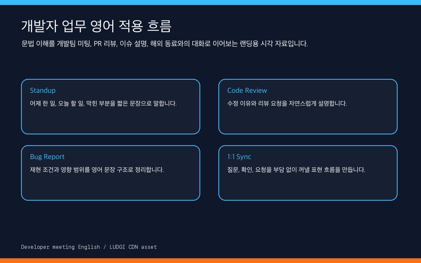 개발팀 미팅에서 영어로 이슈를 설명하는 장면