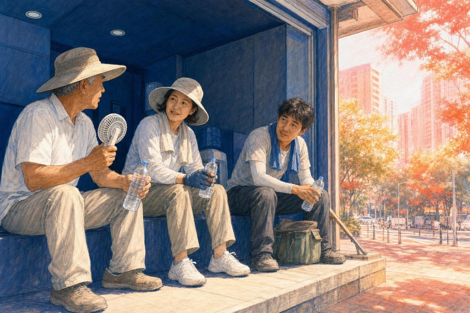 그늘과 냉방 공간에서 물을 마시며 서로의 상태를 확인하는 야외 근로자와 어르신을 그린 2D 스케치