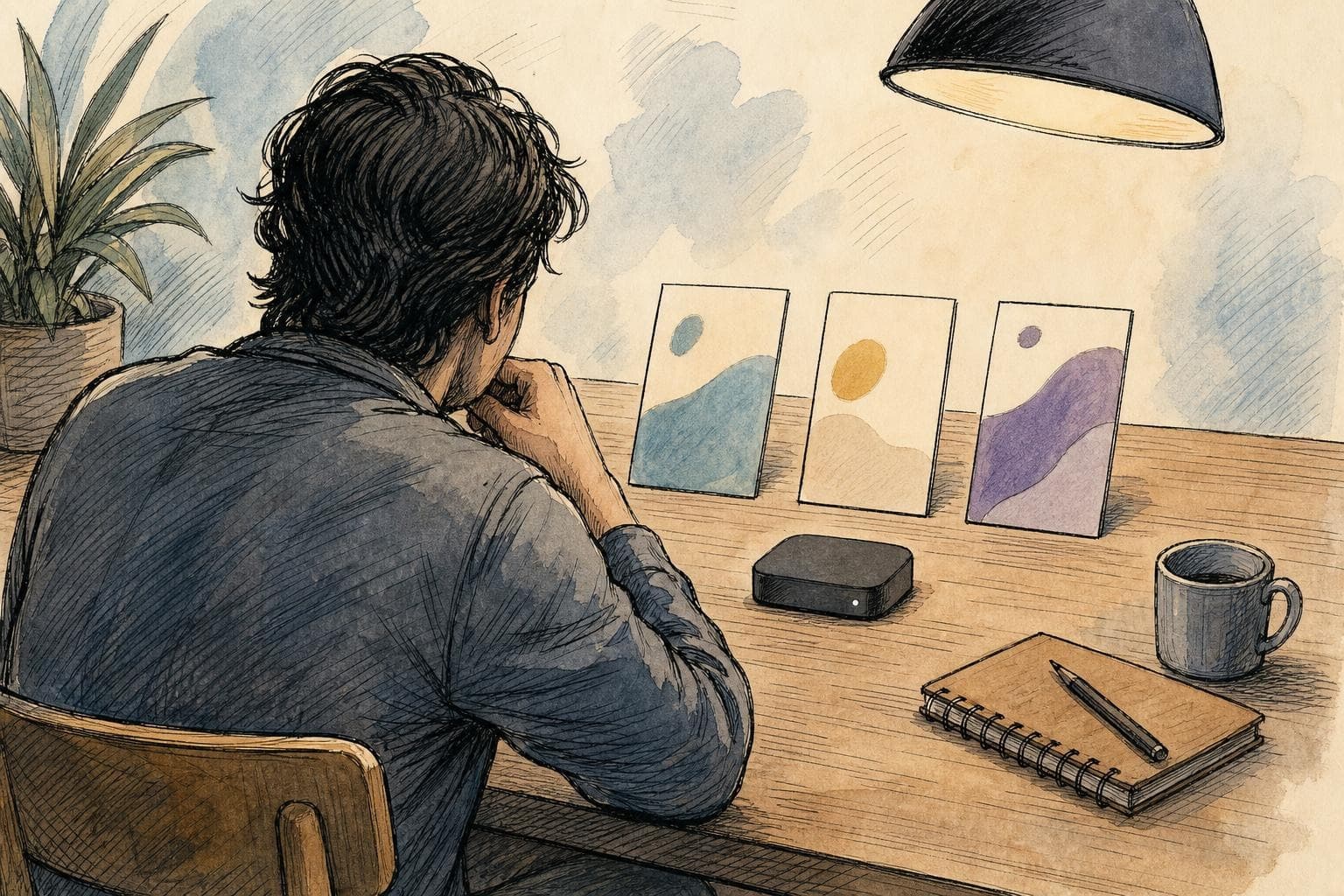 Ilustración editorial de una persona ficticia organizando suscripciones desde una mesa, con tarjetas abstractas sin texto ni logotipos.