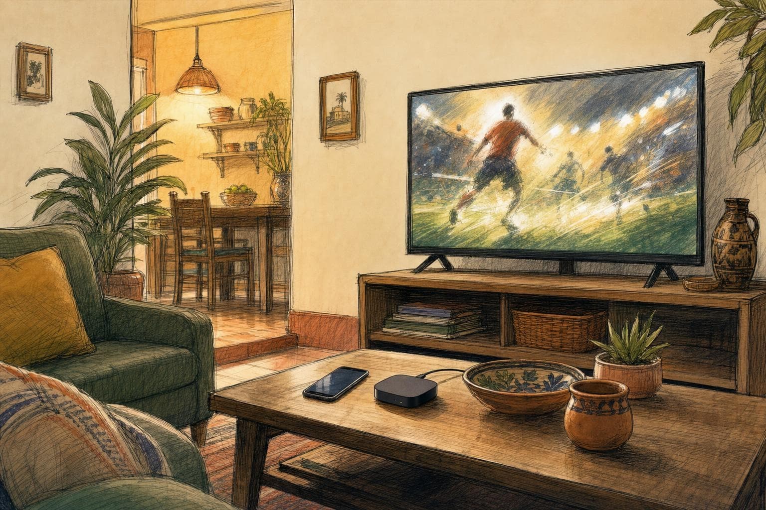Ilustración editorial de una sala doméstica con una pantalla deportiva abstracta y dispositivos conectados, sin marcas ni texto.