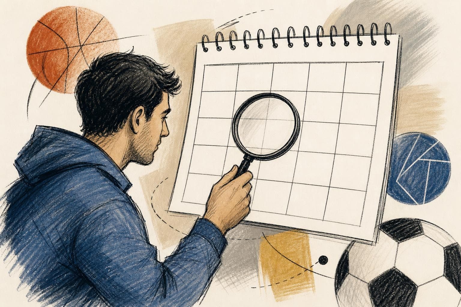 Ilustración editorial de un calendario deportivo abstracto y una persona ficticia comparando opciones de acceso, sin texto legible.