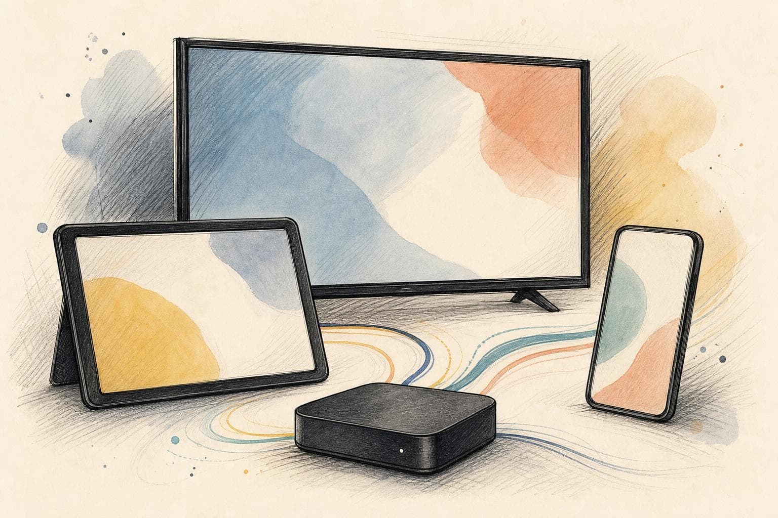 Ilustración editorial de varios dispositivos domésticos conectados a una pantalla abstracta, sin interfaces reconocibles, marcas ni texto.