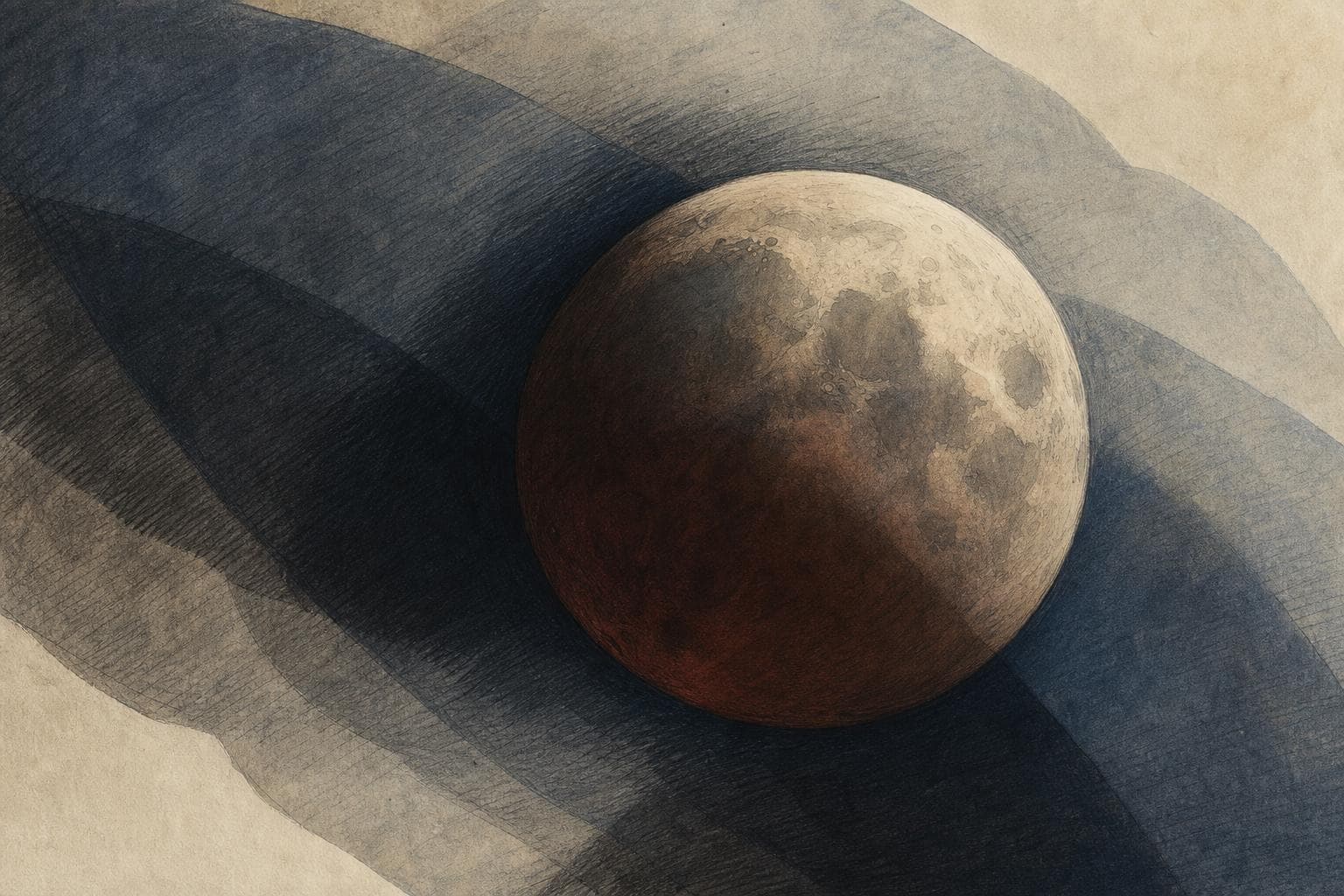 Editorial illustration of a moon crossing abstract layered shadows above a quiet horizon.