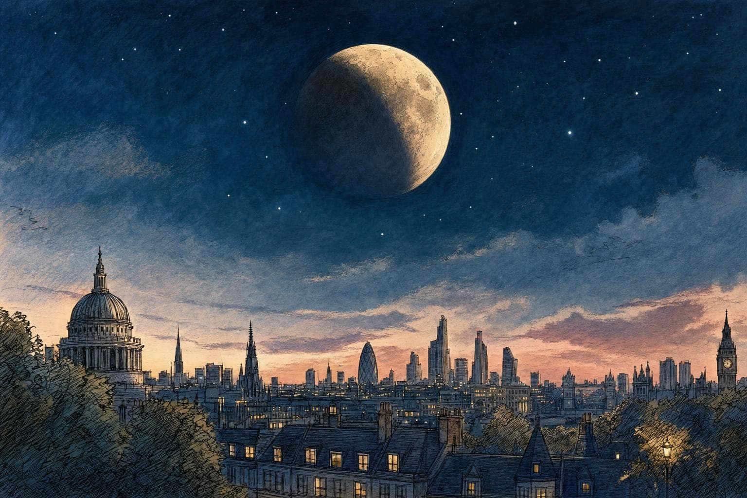 Editorial illustration of a partially shadowed moon above a fictional British skyline, with no text.