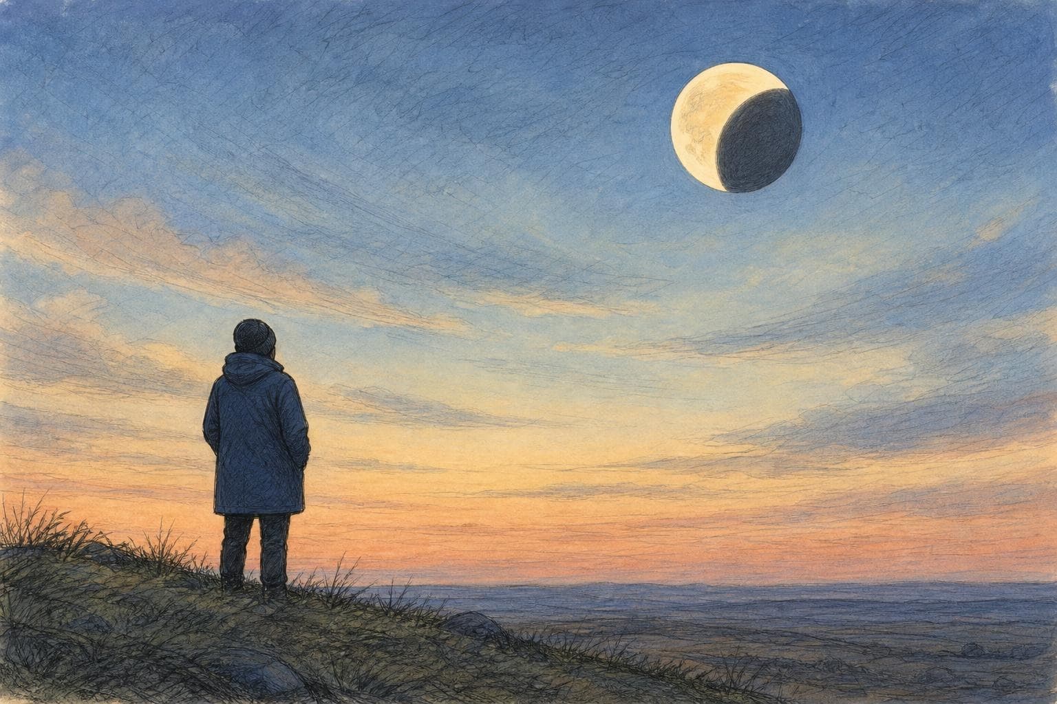 Editorial illustration of a fictional observer looking toward an open horizon at a moon, without identifiable features.