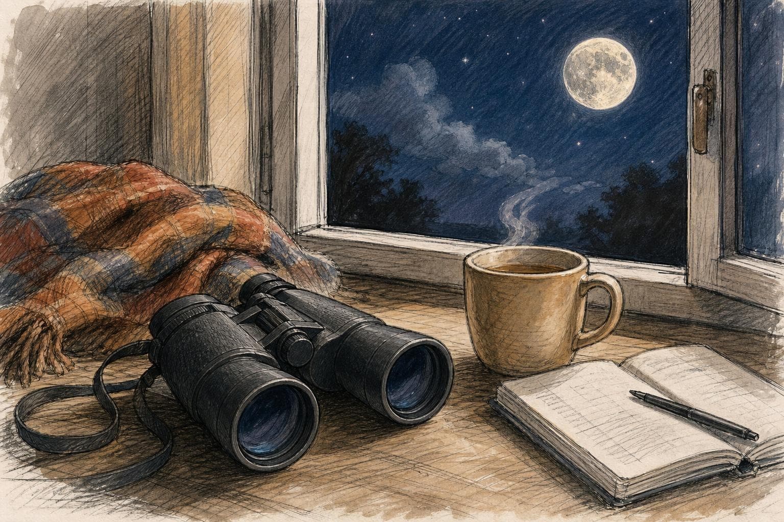 Editorial still life of generic binoculars and a warm drink beside an open night window, without text.