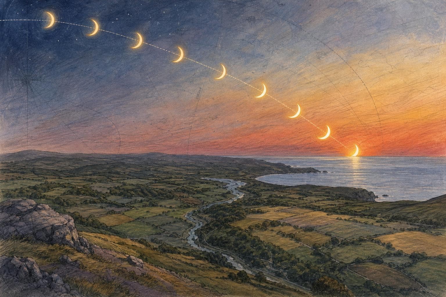 An abstract map-like landscape with a crescent Sun moving above the western horizon