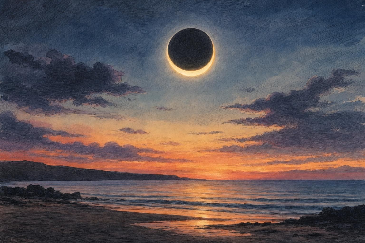 A stylised partial solar eclipse above a quiet abstract British coastline