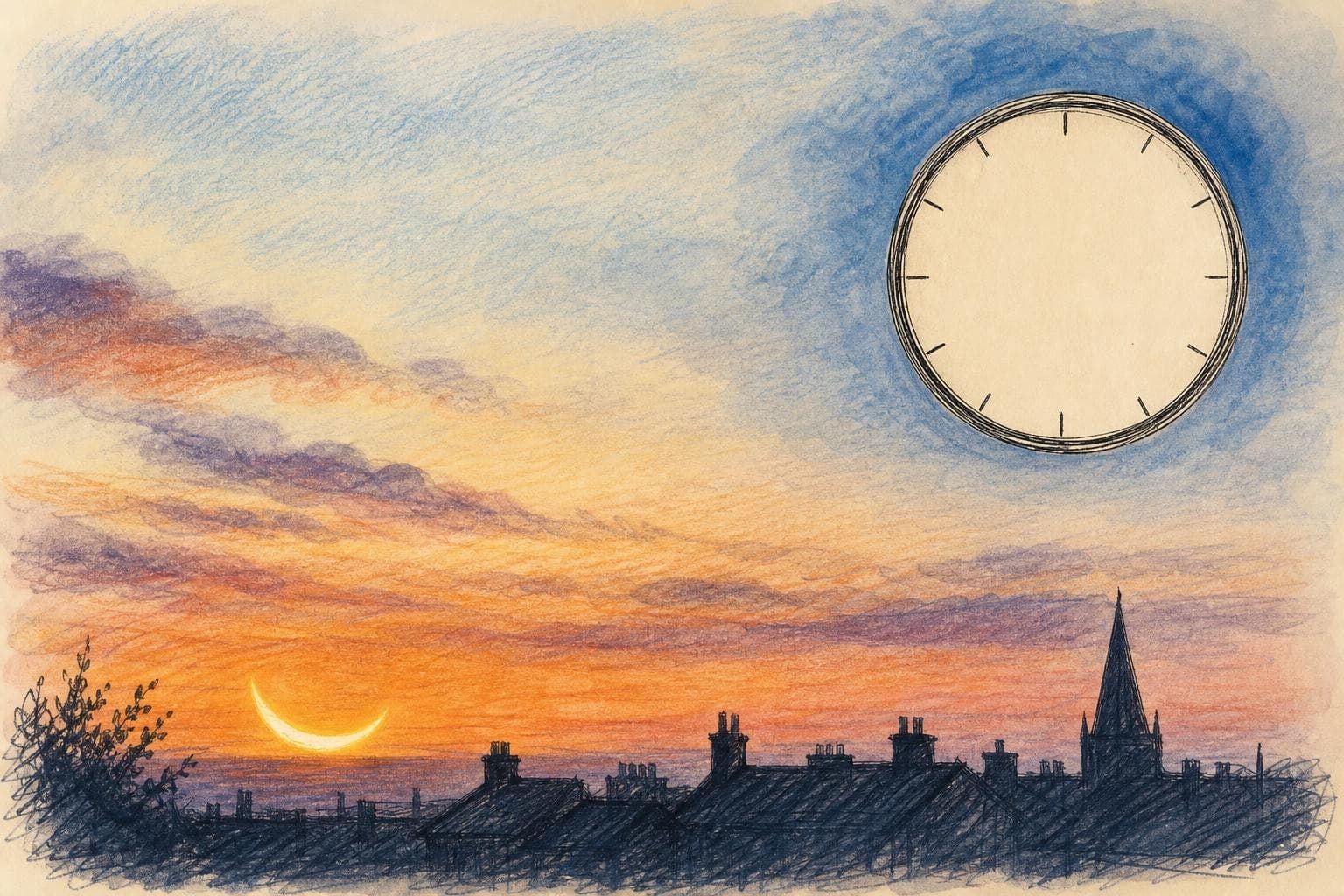 A low crescent Sun over a simplified western horizon with a small unmarked clock motif