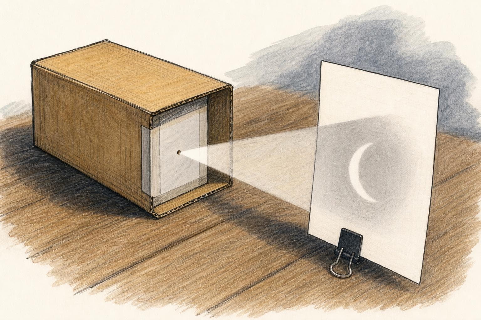 A non-personal abstract pinhole projector casting a crescent-shaped light onto blank paper
