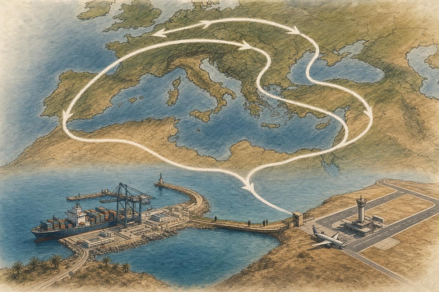 Ilustración editorial semirrealista en 2D, tinta y lápiz de color que resume el tema del artículo (4)