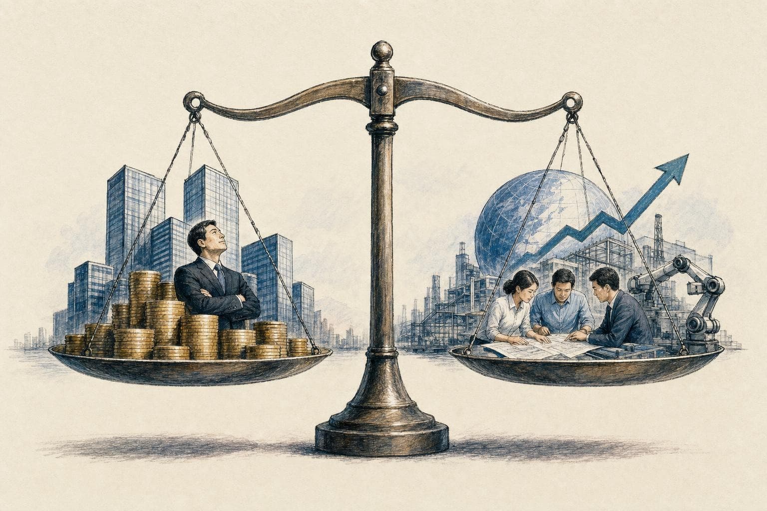 기사의 핵심 쟁점을 상징적으로 정리한 반사실적 2D 잉크·색연필 편집 일러스트레이션 (2)