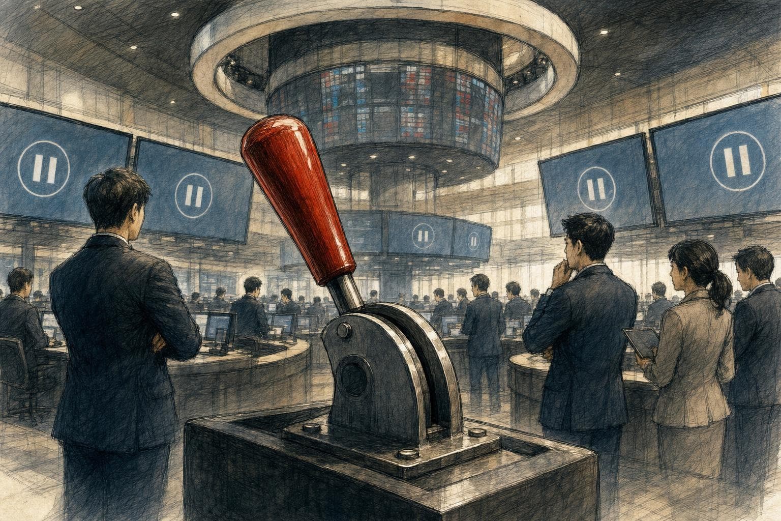 기사의 핵심 쟁점을 상징적으로 정리한 반사실적 2D 잉크·색연필 편집 일러스트레이션 (3)