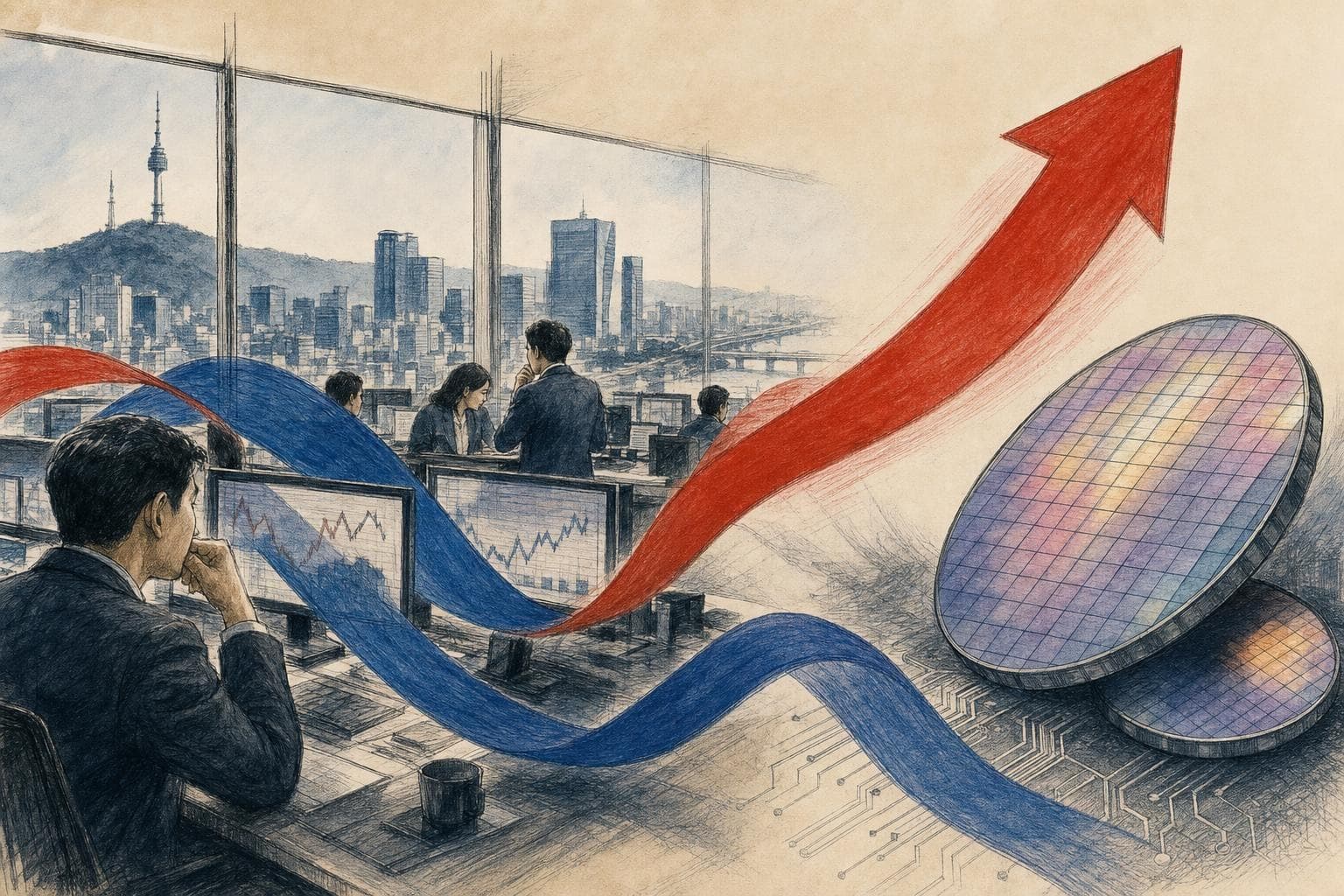기사의 핵심 쟁점을 상징적으로 정리한 반사실적 2D 잉크·색연필 편집 일러스트레이션 (1)