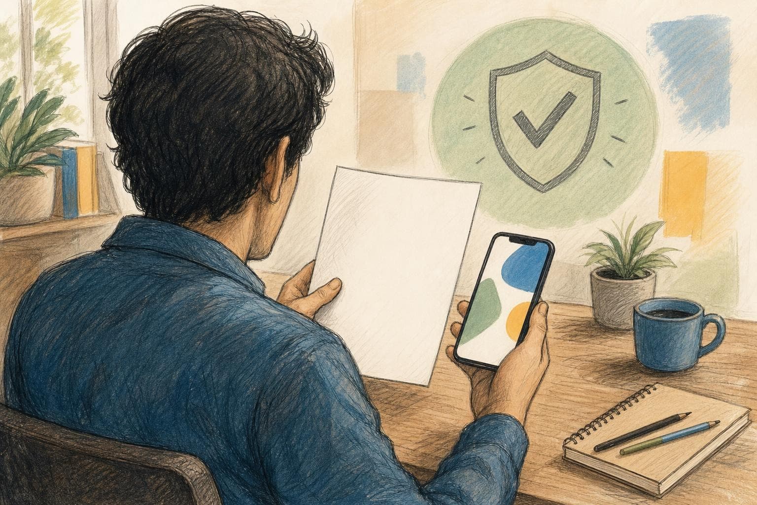 Ilustración editorial de una persona ficticia revisando un recibo abstracto junto a un teléfono sin interfaz reconocible.
