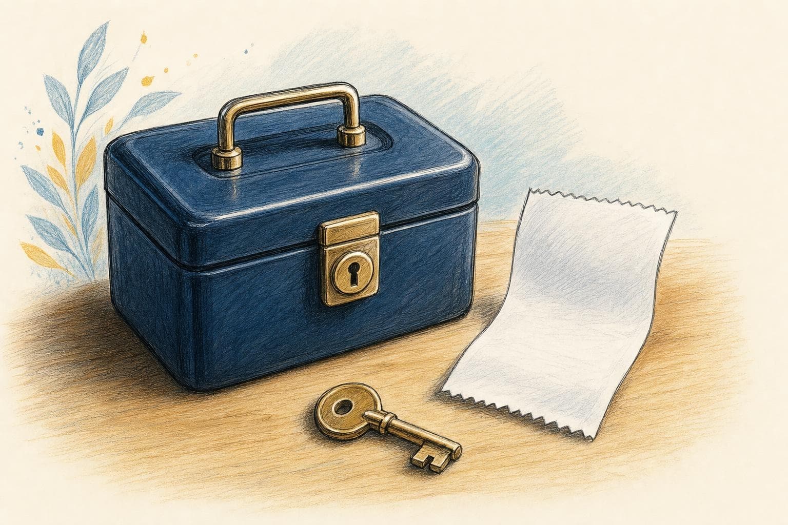 Ilustración editorial de una caja de resguardo y un recibo abstracto sin texto ni marcas.