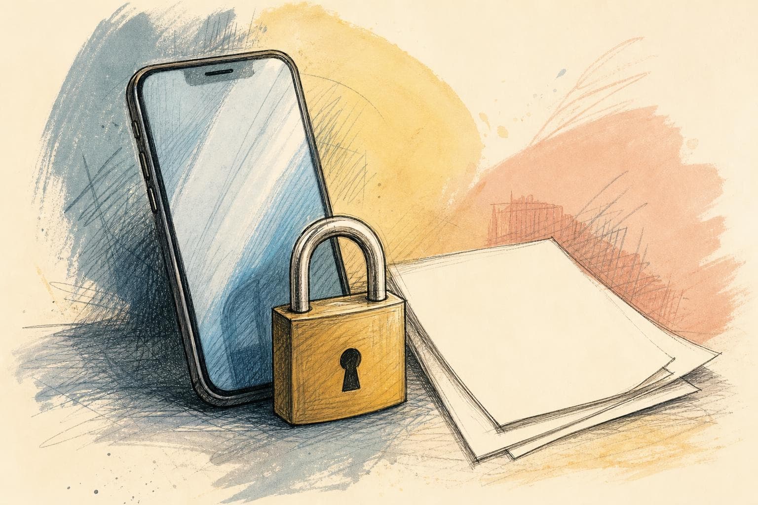 Ilustración editorial de un teléfono genérico, un candado y papeles sin información legible.