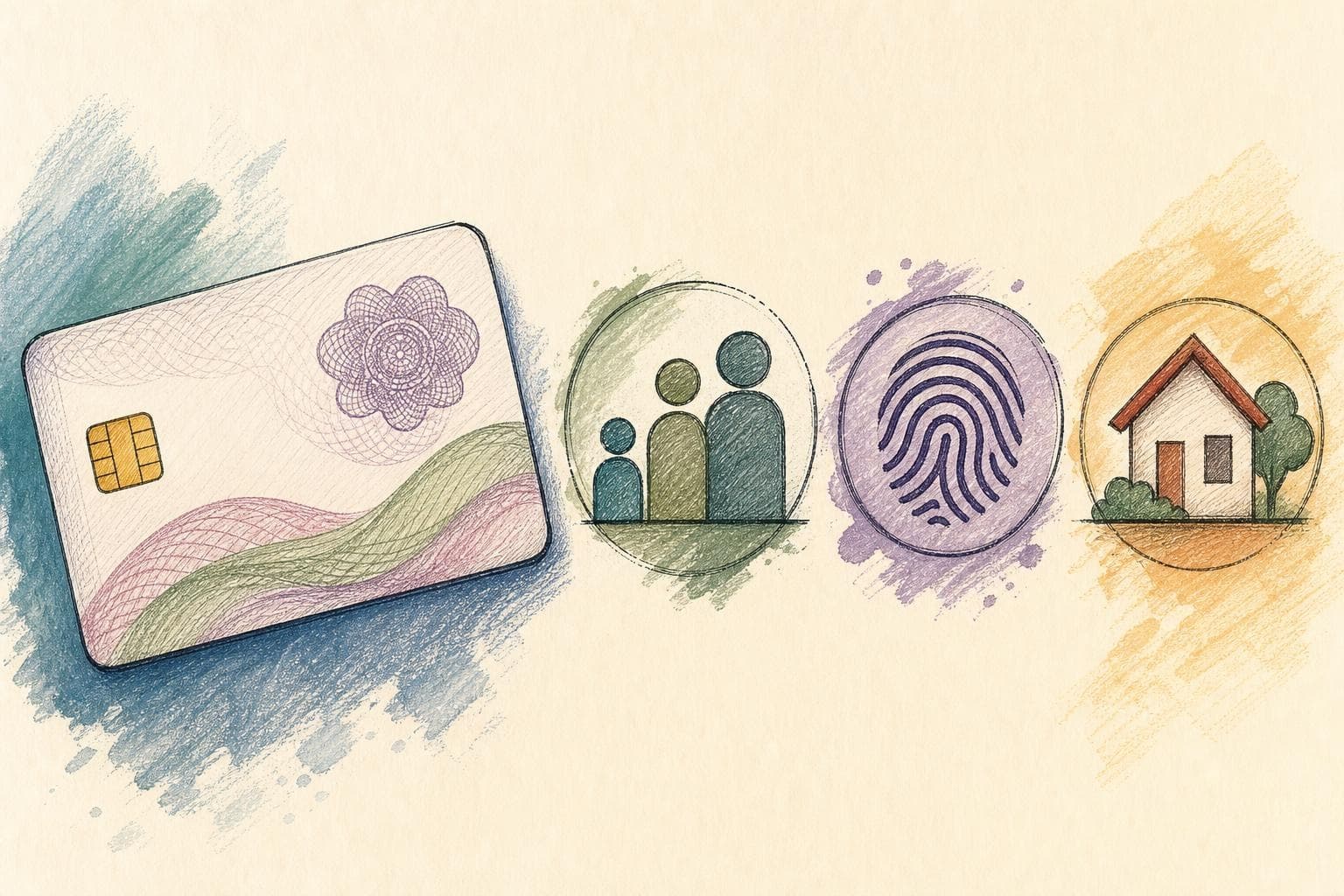 Tarjetas sin marca y tres símbolos abstractos de edad, identidad y residencia en una composición editorial