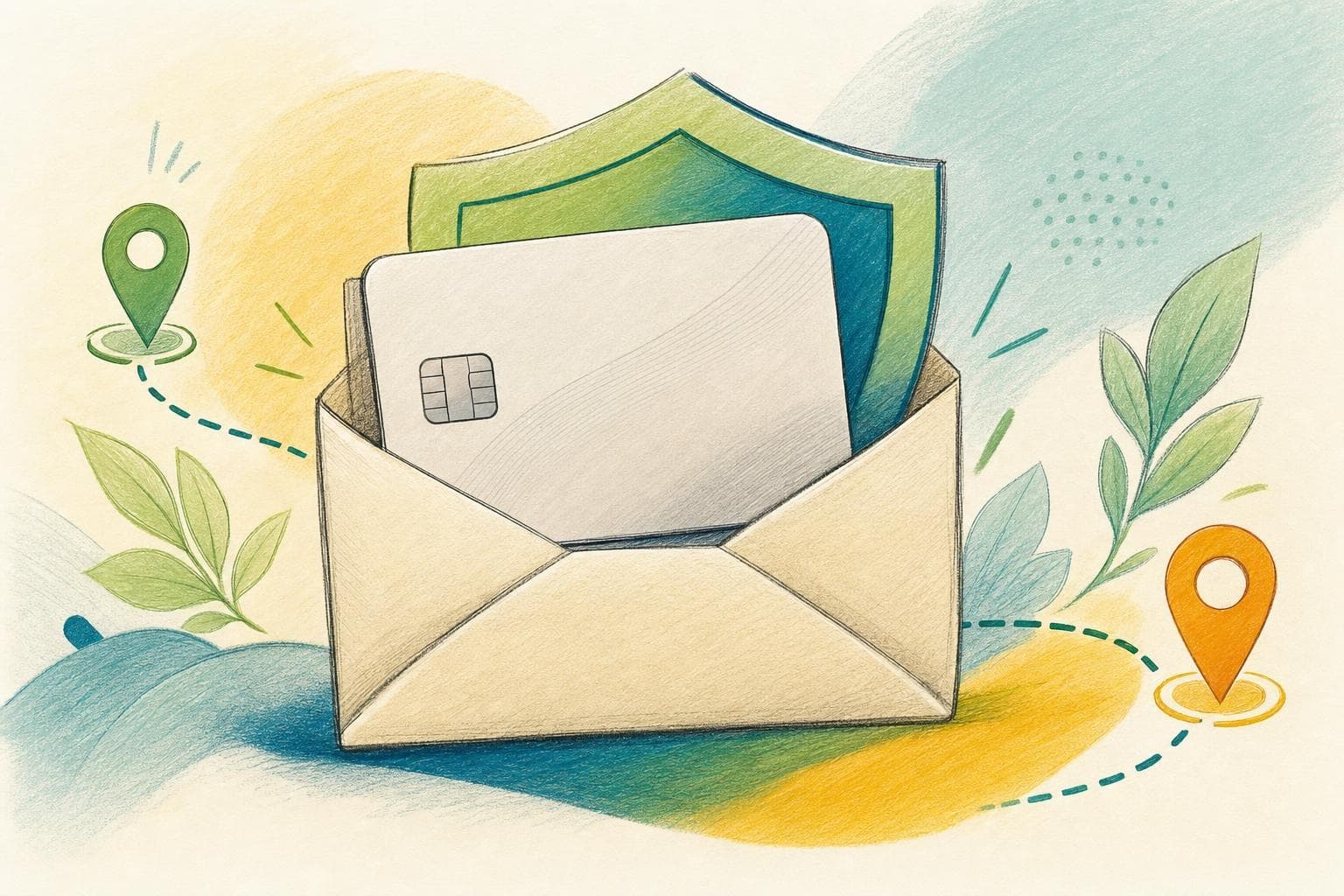 Una composición editorial abstracta de una tarjeta sin marca y una ruta de verificación de apoyo social