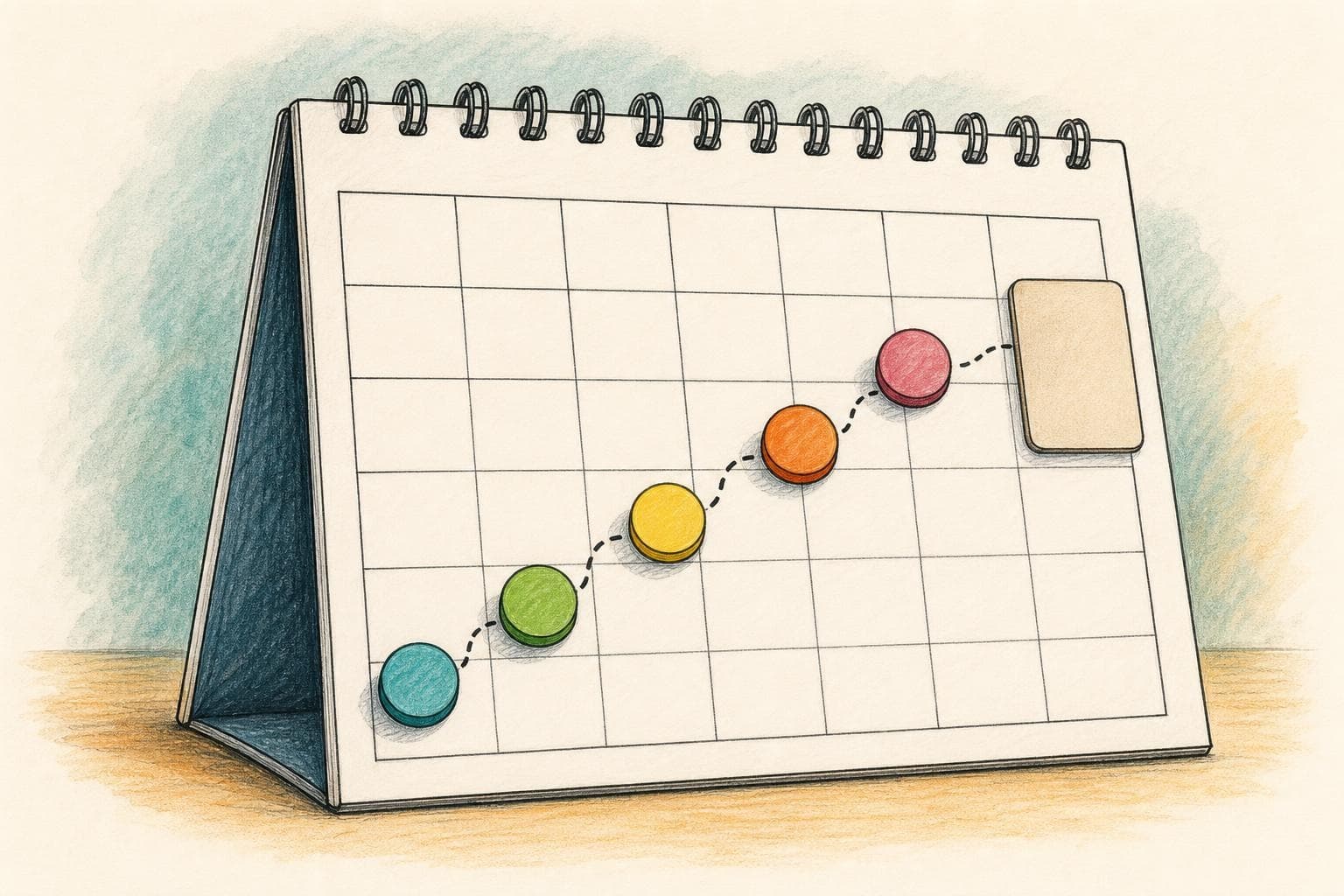 Un calendario sin números con fichas de colores que avanzan de forma escalonada hacia una tarjeta abstracta