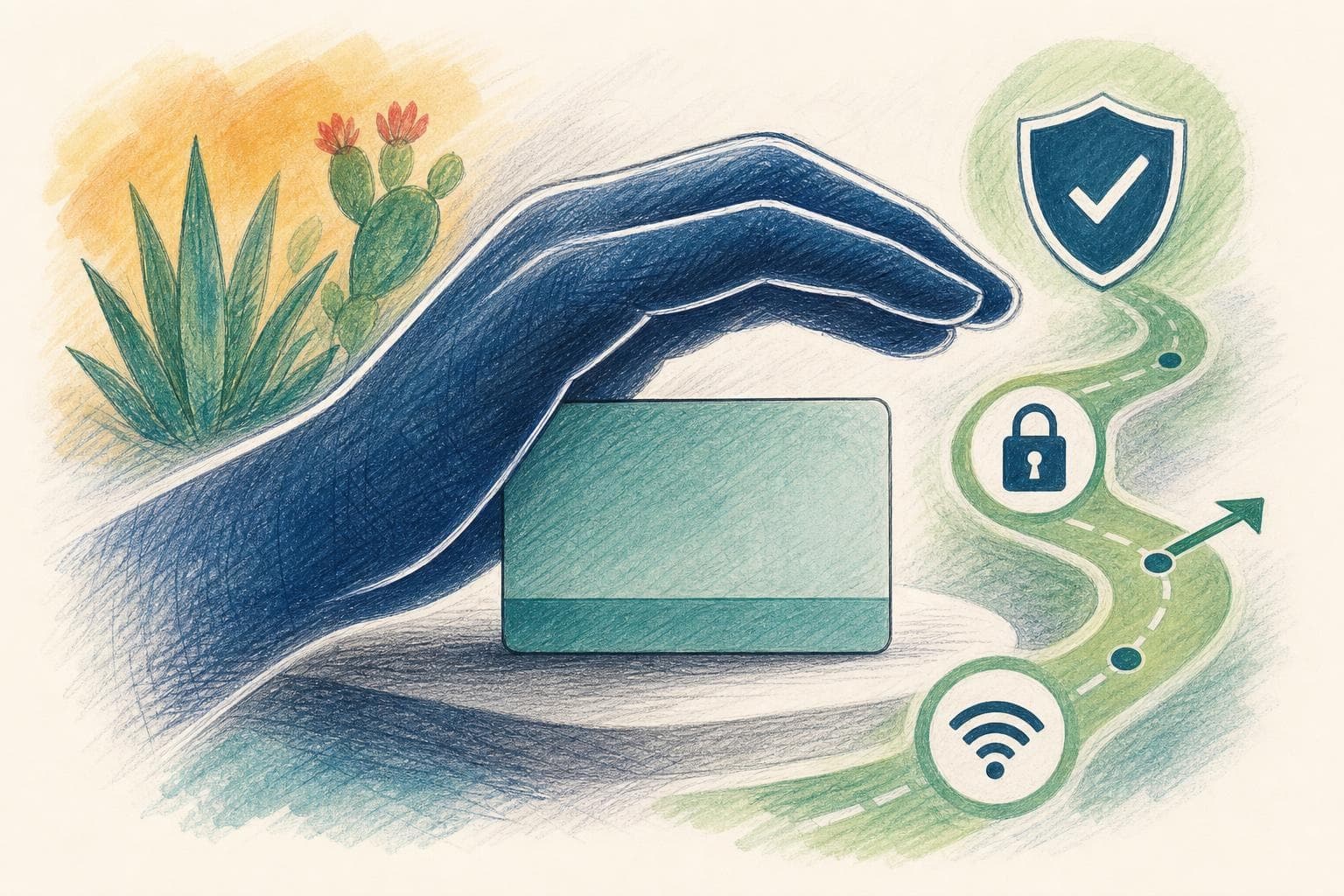 Una mano abstracta protege una tarjeta sin texto frente a rutas de verificación simples y seguras