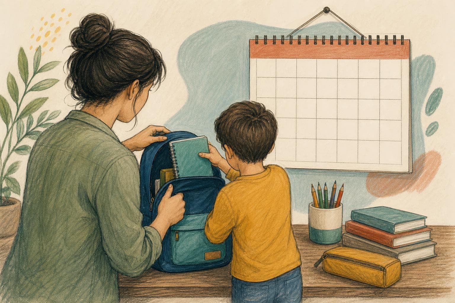 Ilustración de una familia ficticia preparando mochilas junto a un calendario sin fechas legibles.