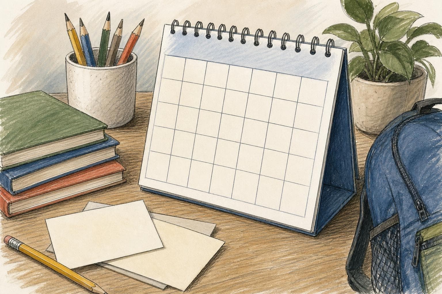 Ilustración editorial de notas de planificación y un calendario abstracto, sin números ni texto.