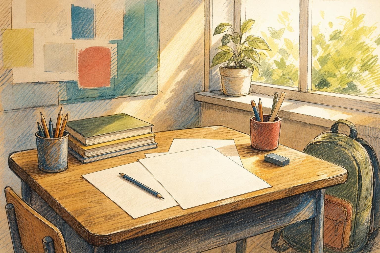 Ilustración editorial de un escritorio escolar con mochila y hojas en blanco, sin marcas ni texto.