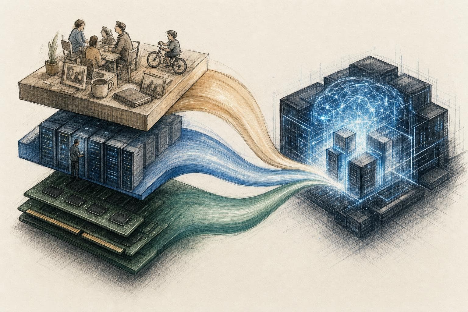 기사의 핵심 쟁점을 상징적으로 정리한 반사실적 2D 잉크·색연필 편집 일러스트레이션 (2)