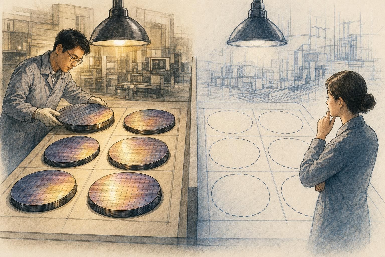 기사의 핵심 쟁점을 상징적으로 정리한 반사실적 2D 잉크·색연필 편집 일러스트레이션 (3)