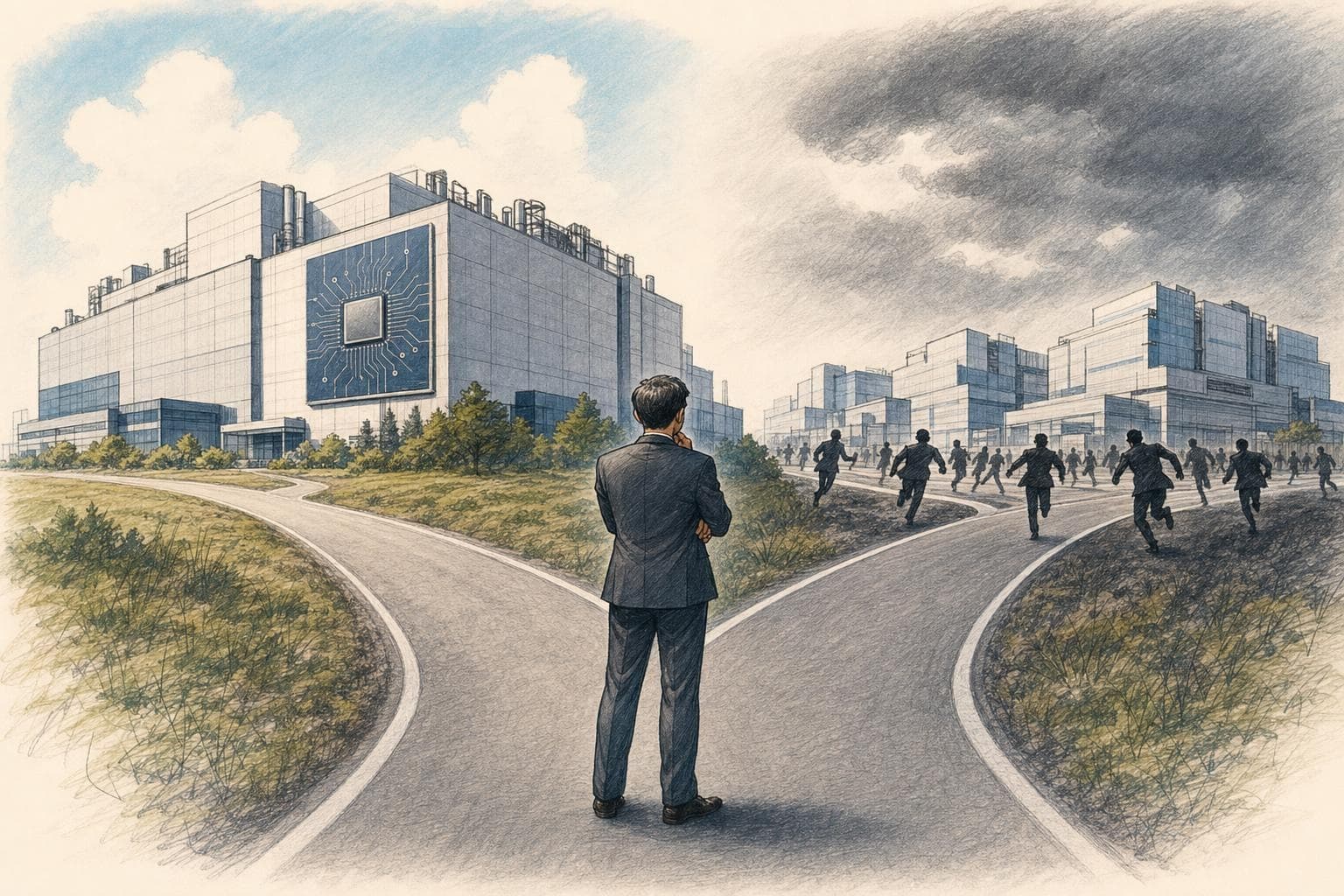 기사의 핵심 쟁점을 상징적으로 정리한 반사실적 2D 잉크·색연필 편집 일러스트레이션 (4)
