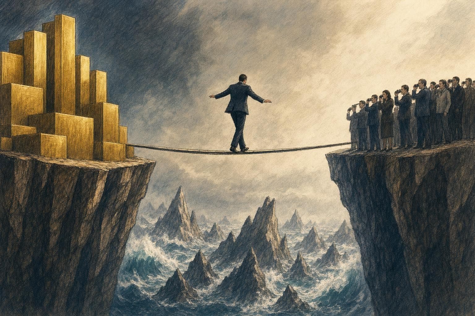 기사의 핵심 쟁점을 상징적으로 정리한 반사실적 2D 잉크·색연필 편집 일러스트레이션 (4)