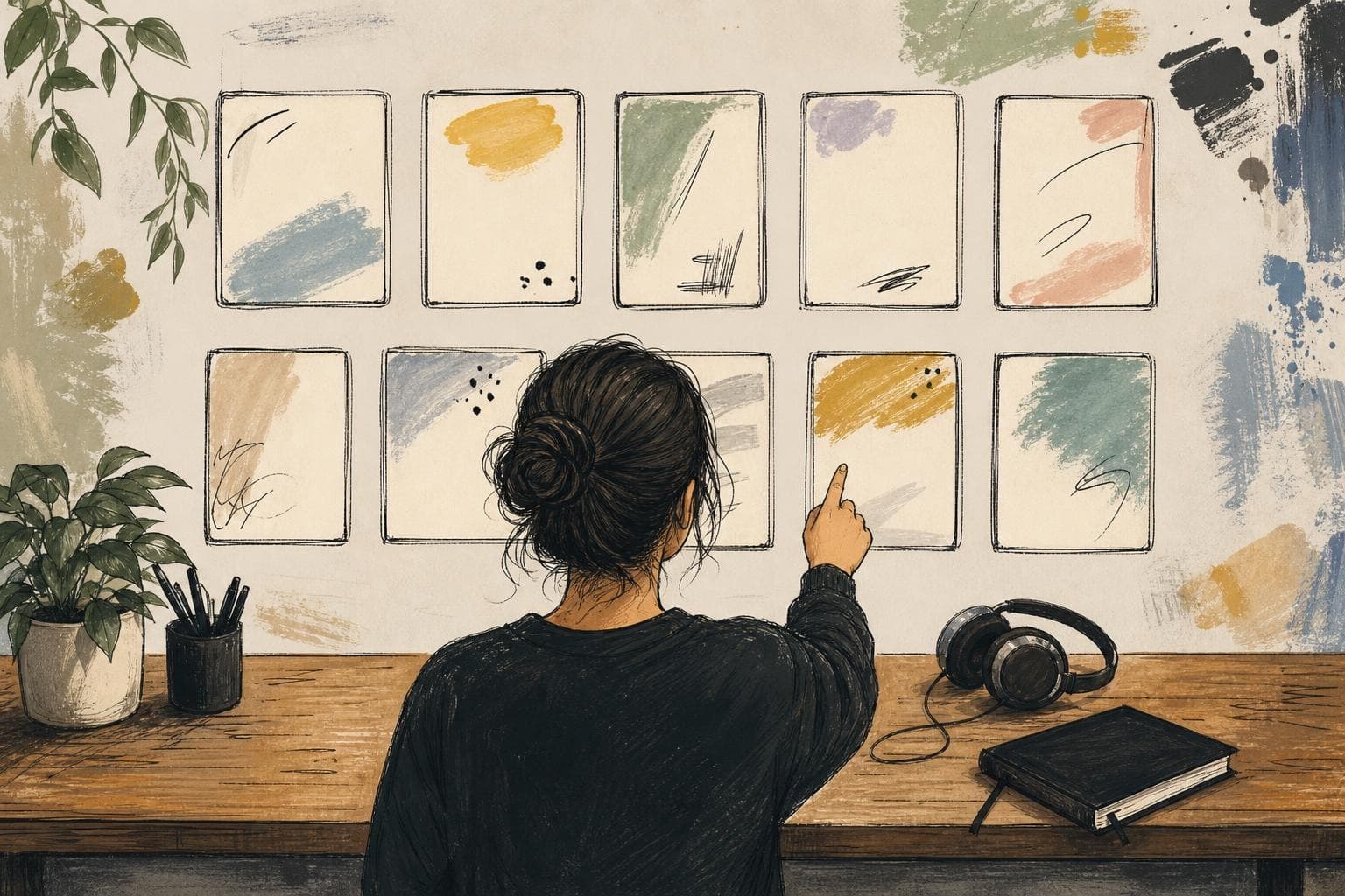 Generated editorial illustration of a viewer choosing from abstract episode cards with a closed notebook and headphones