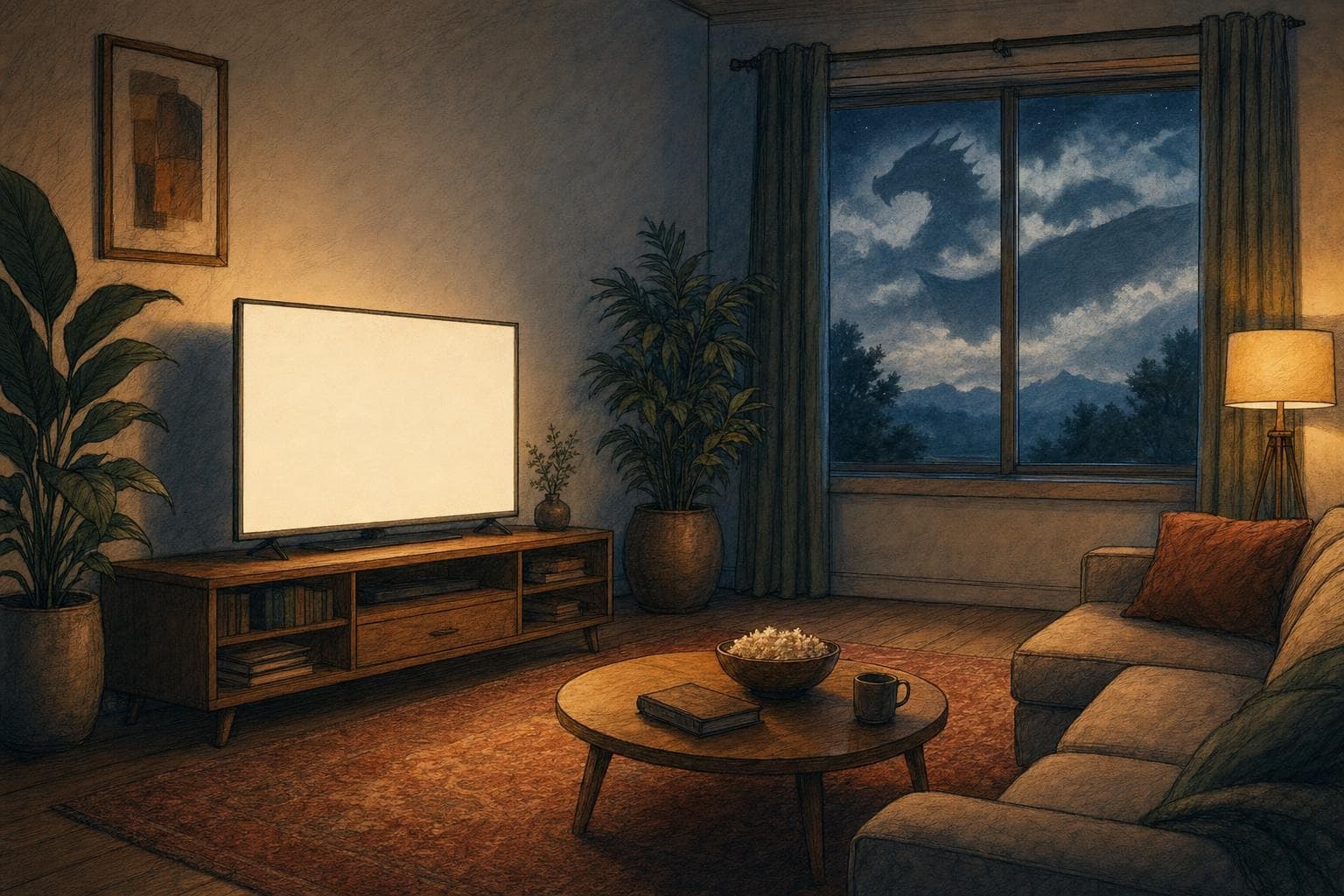 Generated editorial illustration of a fictional fantasy viewing room with a blank television glow and a dragon-shaped shadow outside a window
