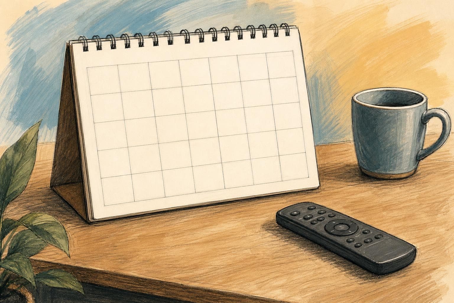 Generated editorial illustration of an unmarked weekly calendar beside a television remote, with no readable text