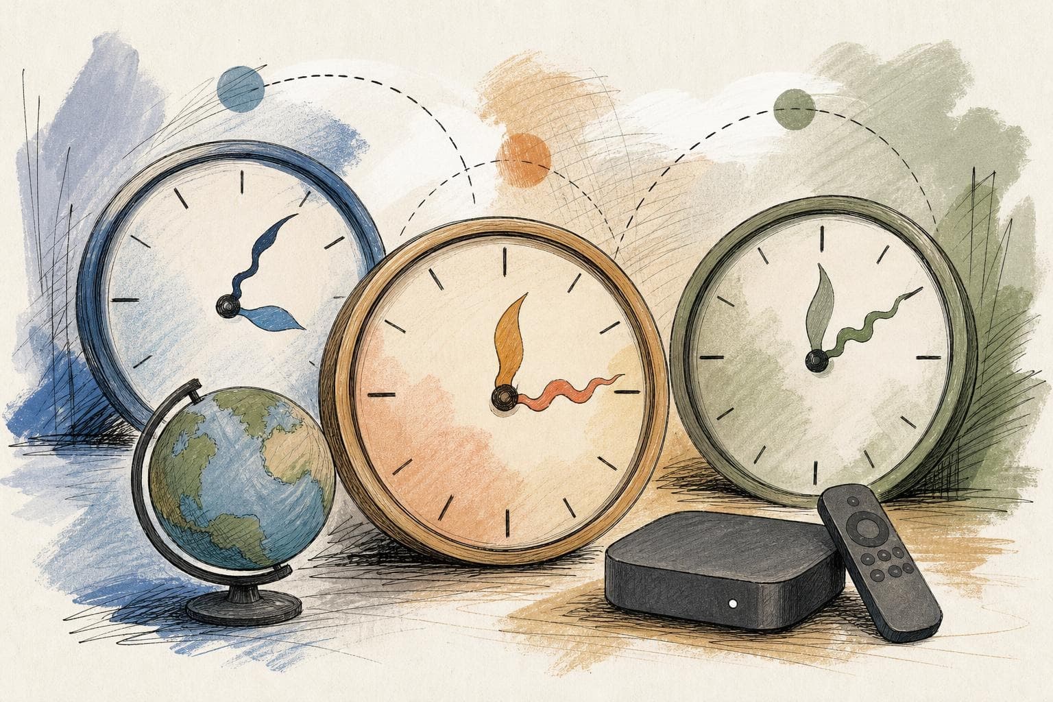 Generated editorial illustration of three analogue clocks with abstract hands, a globe and a streaming device, without text or logos