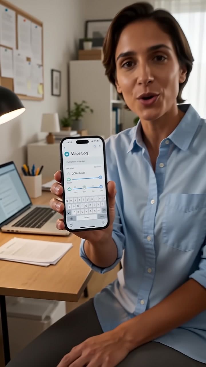 فيديو عمودي لتطبيق Feed Again يعرض خطاً مشتركاً للرضاعة والحفاضات ونوم الطفل. — scene 3