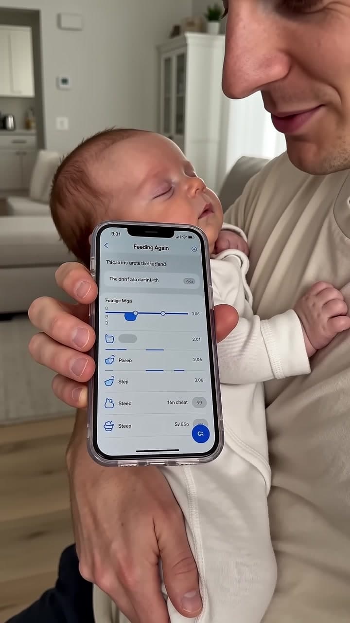 Vertical Feed Again promo showing a shared timeline for baby feeds, diapers, and sleep. — scene 3
