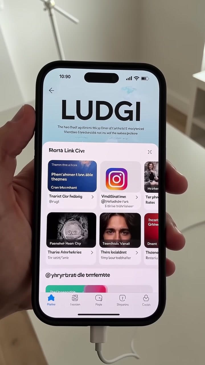 Vertical promo showing a creator building a LUDGI link-in-bio page on a phone. — scene 2