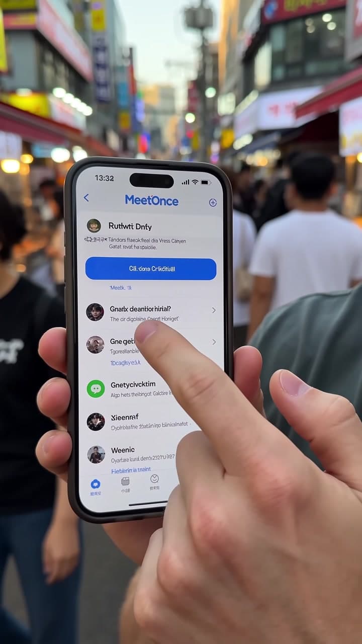 Vertical MeetOnce promo showing a language-exchange request and AI-assisted translation in Korea. — scene 2
