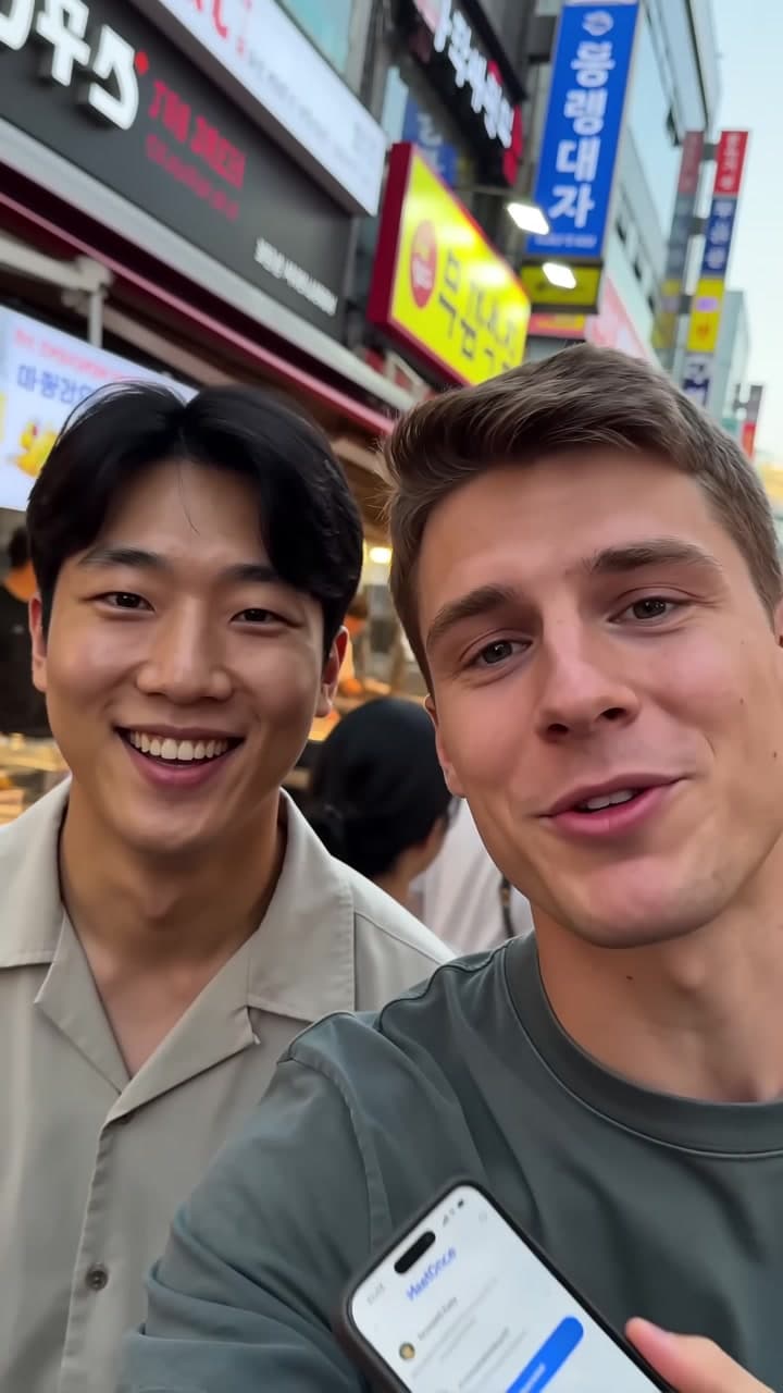 Vertical MeetOnce promo showing a language-exchange request and AI-assisted translation in Korea. — scene 3