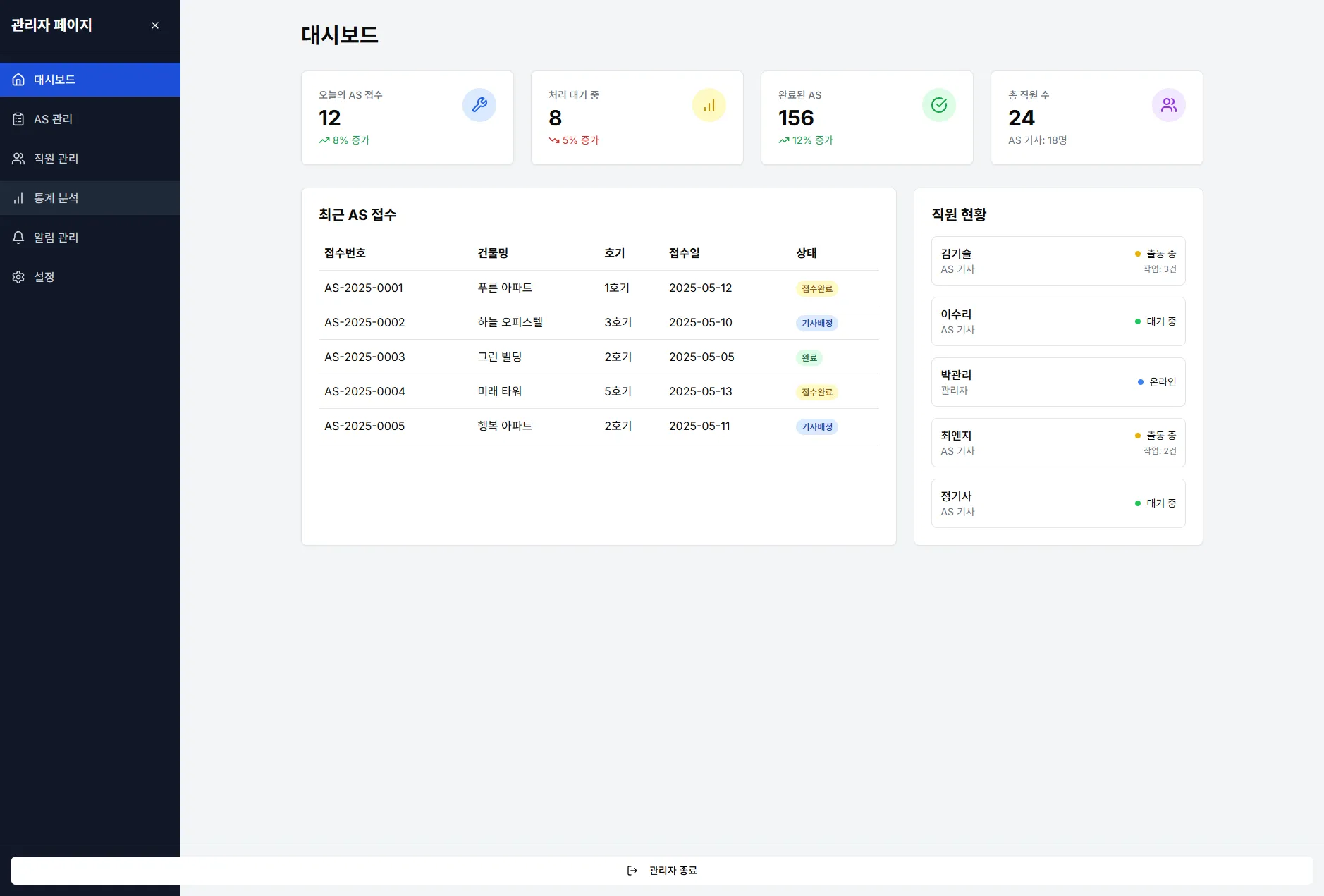 엘리베이터 A/S 관리 플랫폼 제작 화면 2